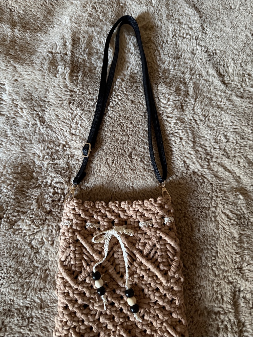 Boho Handwoven Macramé Crossbody Bag - Tan - Picture 8 of 15